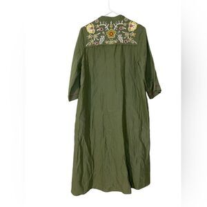 soft surroundings olive green button up embroidered long duster dress